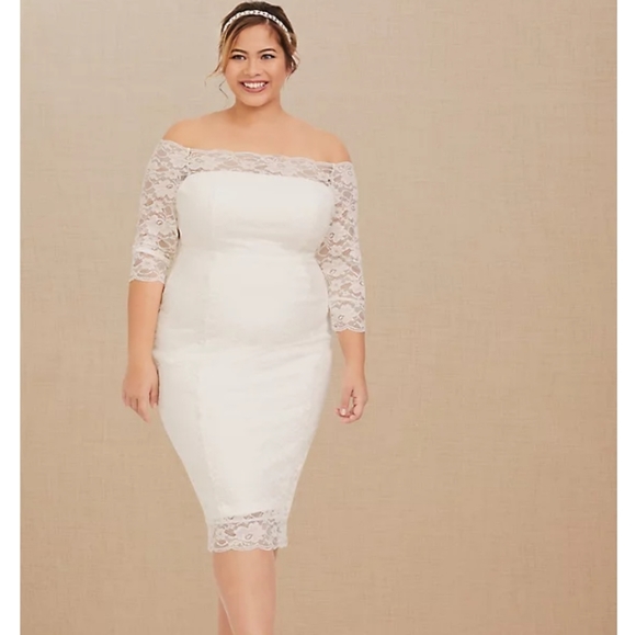 SPECIAL OCCASION IVORY LACE OFF SHOULDER BODYCON DRESS SIZE 18 - Picture 2 of 6